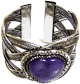 Bracelet Cuff ajustable en metal argente cisele orne de pierre mauve sous forme de coeur