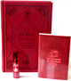 Pack Cadeau Bordeaux pour femmes : Le Noble Coran Bilingue francais/arabe, La Citadelle du Musulman et parfum de luxe