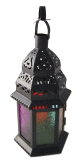 Lanterne decorative noire/blanc en fer forge avec des lucarnes en verre multicolore
