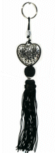 Porte-cles / pendentif artisanal coeur en metal argente cisele et pompon en sabra - Noir
