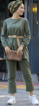 Ensemble casual deux pièces (Tunique et Pantalon avec Ceinture) pour femme - Couleur Kaki Ensemble casual deux pieces (Tunique et Pantalon avec Ceinture) pour femme - Couleur Kaki