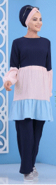 Ensemble 2 pieces (tunique et pantalon) bleu et rose (femme grande taille)