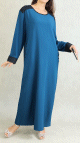 Robe a manches longues avec perles et broderies - Couleur Bleu petrole