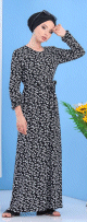 Robe longue decontractee (Maxi Dress) a imprimes nenuphar pour femme - Couleur noir avec fleurs blanches