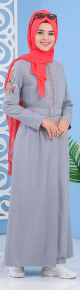 Robe longue boutonnee avec ceinture et broderies - Couleur gris (Vetements islamiques pour femmes musulmanes voilees)