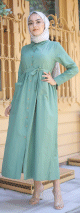 Robe chemise longue avec ceinture et grandes poches (Vetement mastour pour femme voilee) - Couleur vert