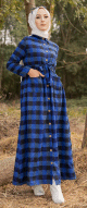 Robe chemise longue a carreaux avec ceinture assortie pour femme - Couleur Bleu roi et noir