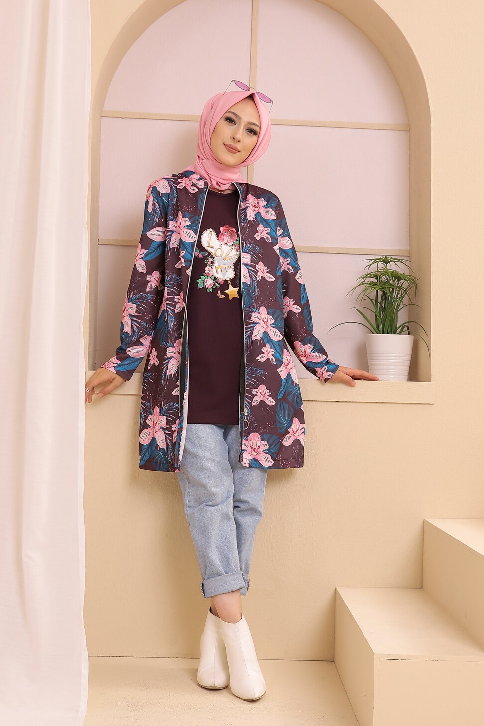 Ensemble ample pour saison automne hiver (Tenue hijab deux pièces : tunique  et pantalon) - Couleur vieux rose