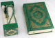 Pack cadeau : Tapis de priere + Sebha (Chapelet musulman) + Le Noble Coran avec traduction fr - Couleur vert dore