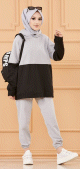 Ensemble bicolore pour femme : Tunique a capuche et pantalon assorti (Tenue decontractee et sport pour hijab) - Couleur gris et noir