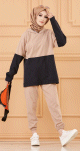 Ensemble bicolore pour femme : Sweat a capuche et pantalon assorti (Tenue decontractee et sport pour hijab) - Couleur beige