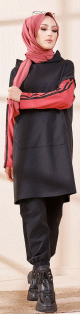 Tunique bicolore avec capuche pour femme (Hijab moderne et style decontracte) - Couleur noir et vieux rose
