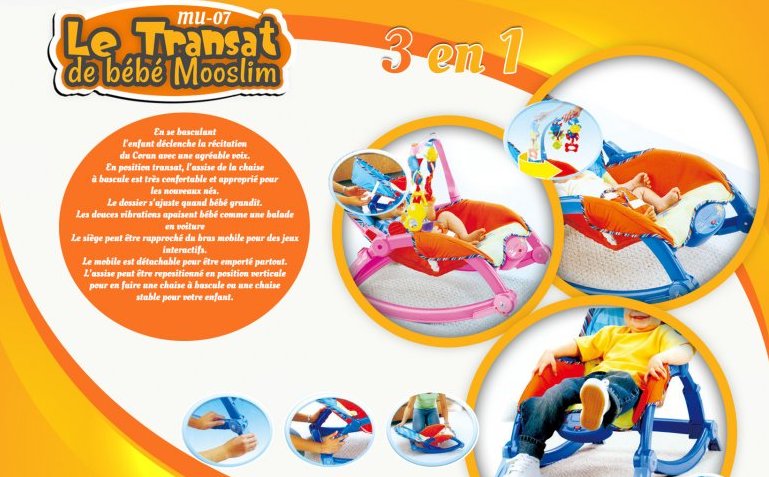 Transat bleu confortable et modulable du bébé Mooslim 3 en 1 - avec mobile  et récitation coranique - pour nouveau né et bébé - Jeu / jouet sur